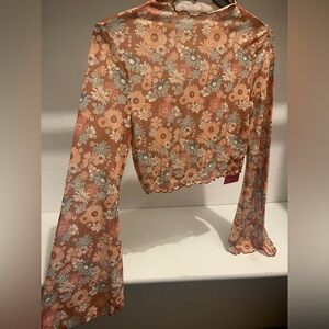 Boho floral mesh size Medium bell sleeve Mock neck crop top Coachella festival
